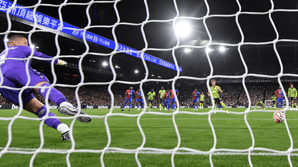 Martin Odegaard scores a penalty against Crystal Palace