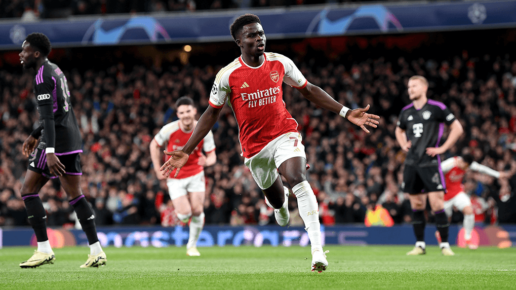 Bukayo Saka celebrates scoring against Bayern Munich