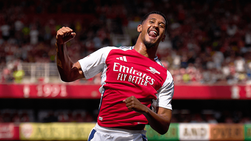 William Saliba celebrates scoring against Lyon